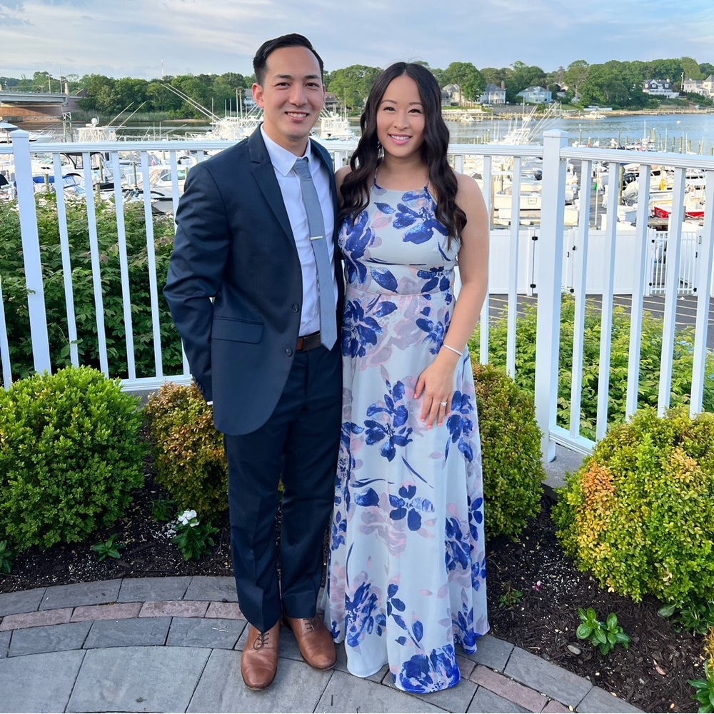 Lulu's White Maxi Dress with Blue Floral Print